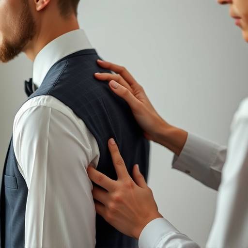 A master tailor meticulously taking measurements of a client's shoulder.