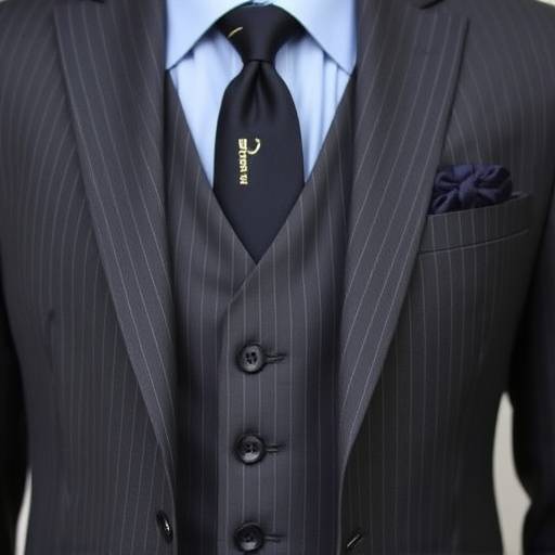 A meticulously tailored charcoal grey three-piece business suit with a subtle pinstripe, featuring a peak lapel jacket and a waistcoat.