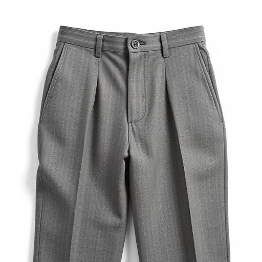 A pair of impeccably tailored grey flannel trousers with a flat front and subtle pleats.