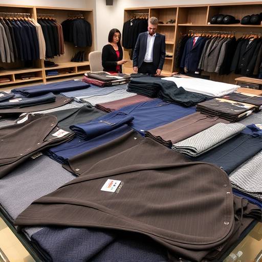 A selection of premium suit fabrics laid out for a client to choose from.
