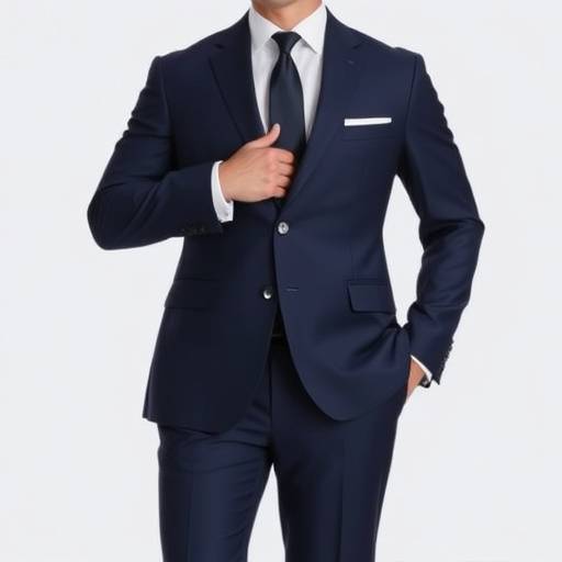 A sharp single-breasted navy business suit with a classic notch lapel.