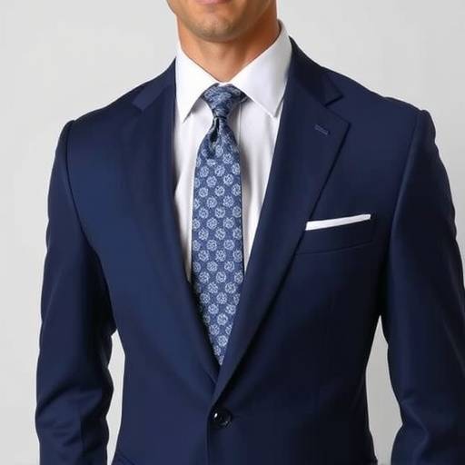 A sophisticated navy blue single-breasted business suit with a notch lapel, paired with a crisp white shirt and a patterned tie.