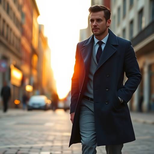 Man walking confidently in a city street wearing a bespoke navy overcoat over a tailored grey suit, showcasing the elegant drape and sophisticated silhouette.