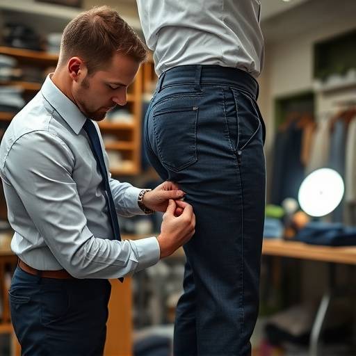 Tailor meticulously measuring a client's leg for custom trousers
